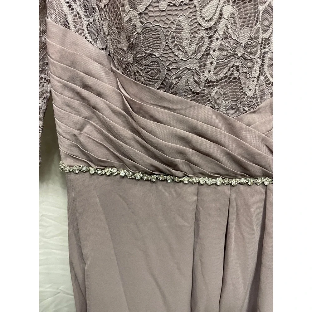 JJ's House dusty  Mauve Lace Chiffon Gown with Rhinestone Belt 3/4 Sleeve Dress - Picture 4 of 6
